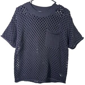 Evereve Black Open Knit Mesh Top Cotton Boxy Short Sleeve Small Coastal Layering